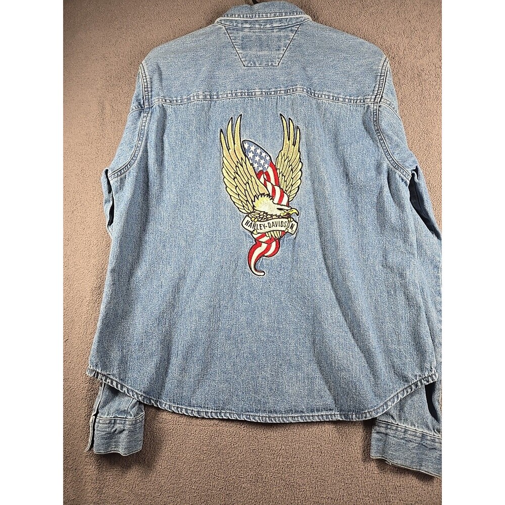Vintage Harley-Davidson Womens Shirt L Denim Snap Closure Eagle Logo 90’s Large